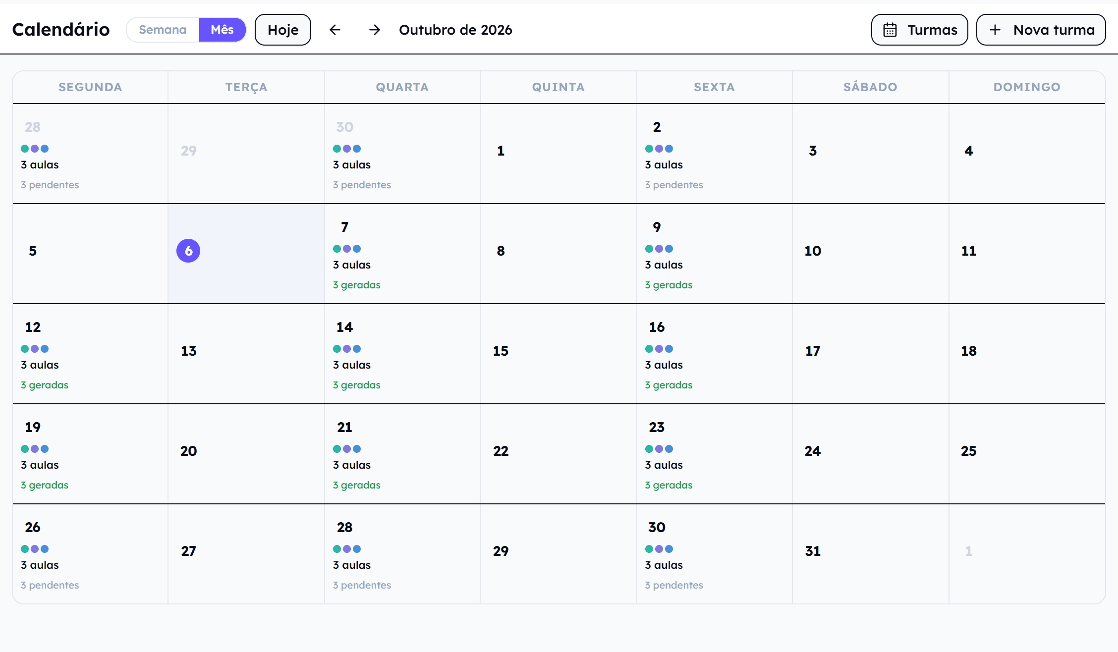 Calendário mensal da Scooli com as aulas de outubro de três turmas, já geradas ou por gerar