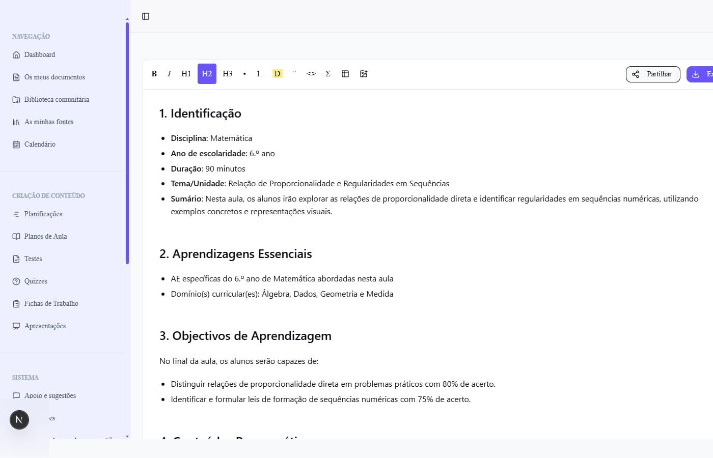 Editor de plano de aula da Scooli com estrutura e painel de IA integrado