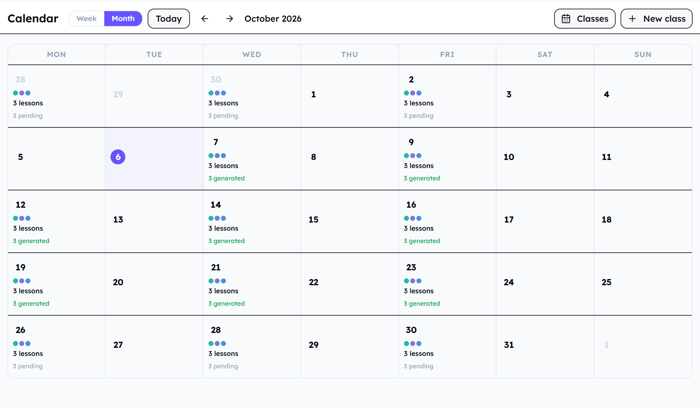 Scooli's month view with October's lessons for three classes, generated or still to generate