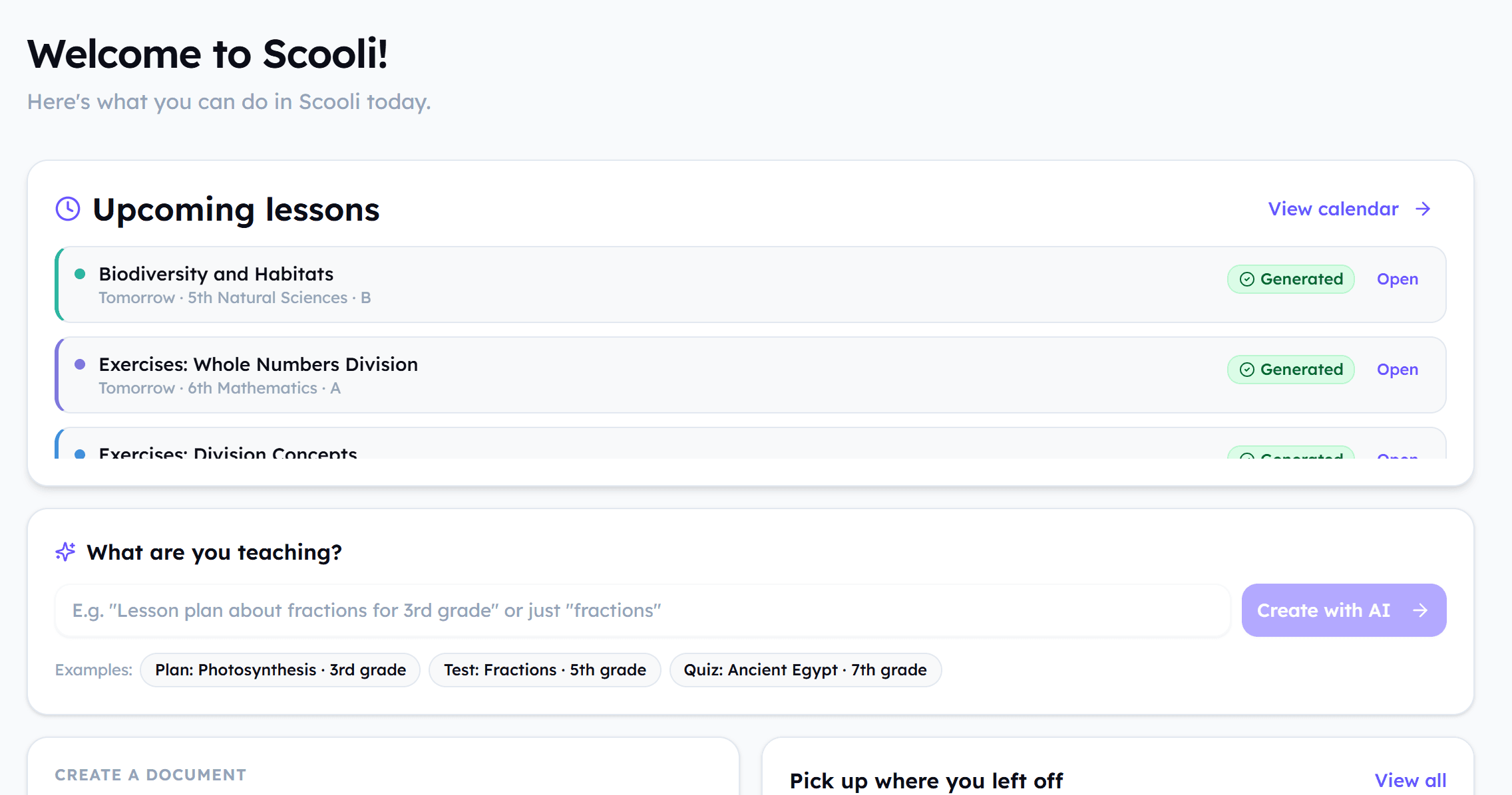 Scooli's dashboard with upcoming lessons already generated and the box to ask for a new resource