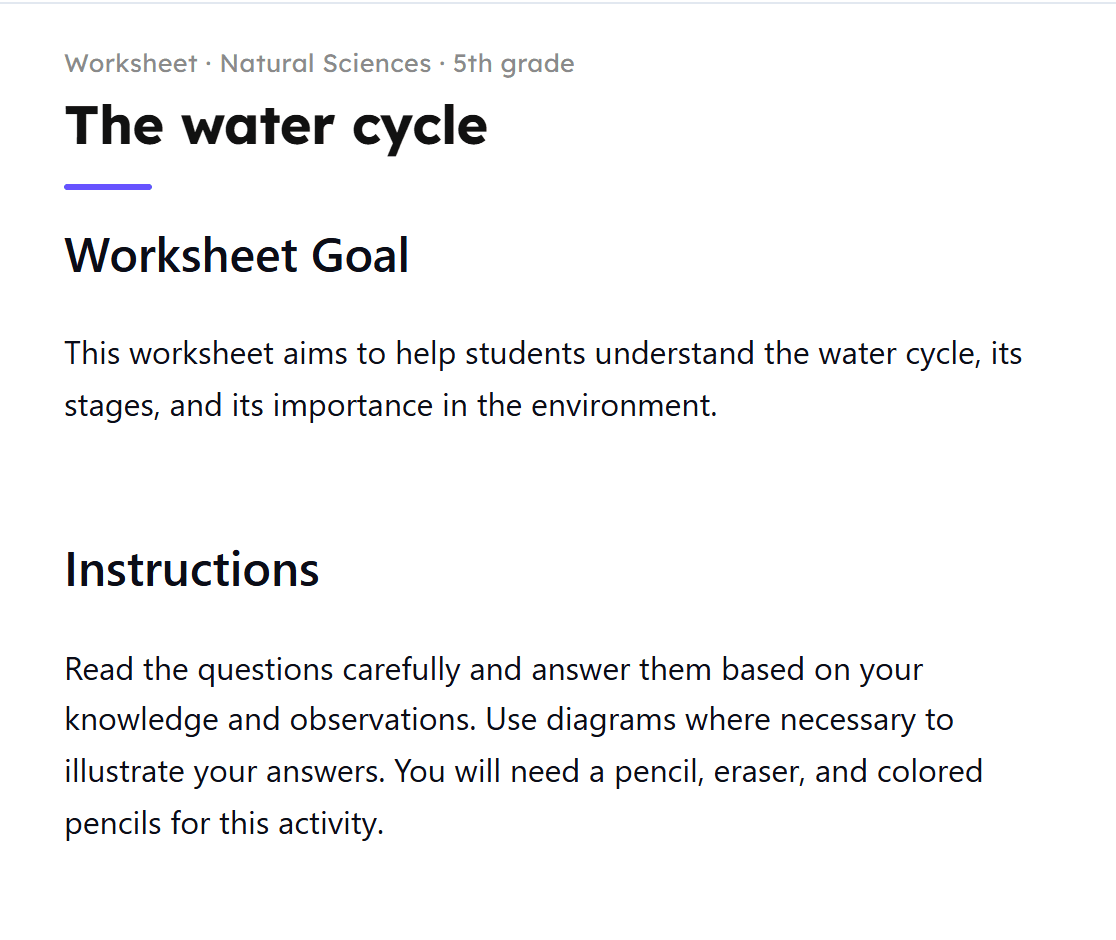 A science worksheet on the water cycle