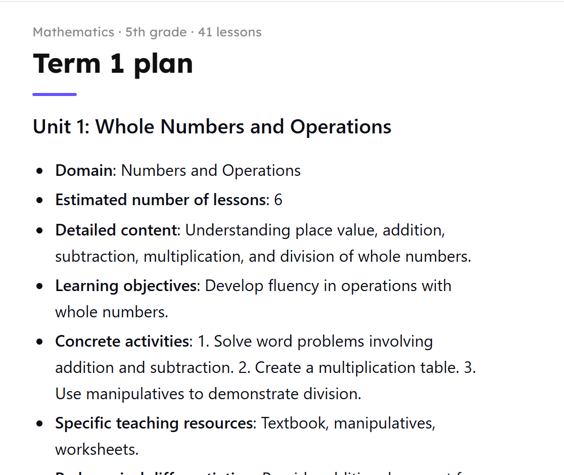 A term plan for maths, organised by unit