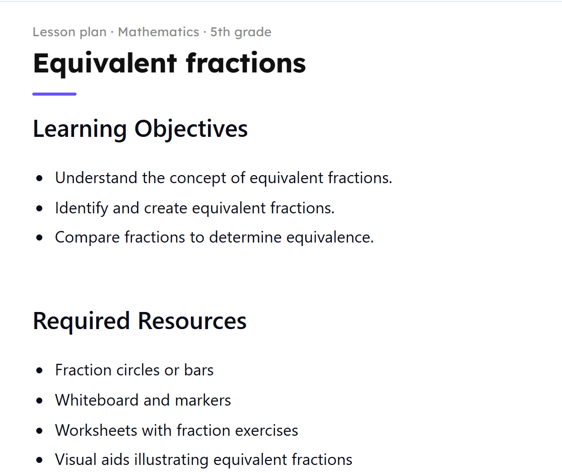 A maths lesson plan generated by Scooli