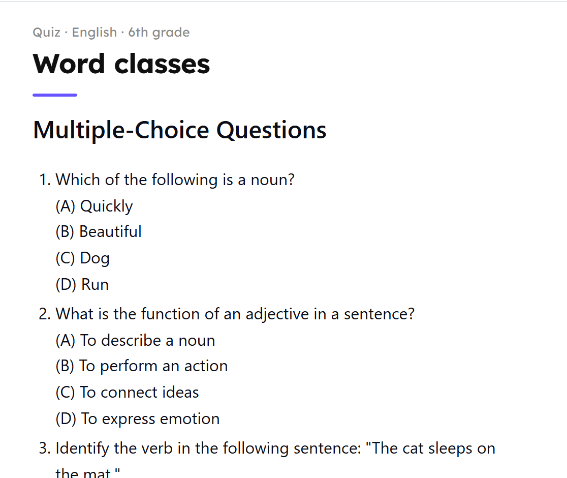 An English grammar quiz on word classes