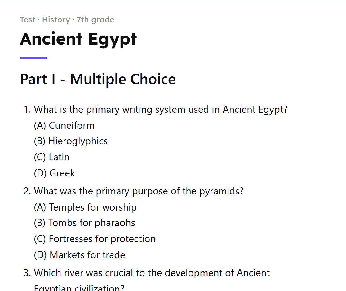 A history test with multiple-choice questions