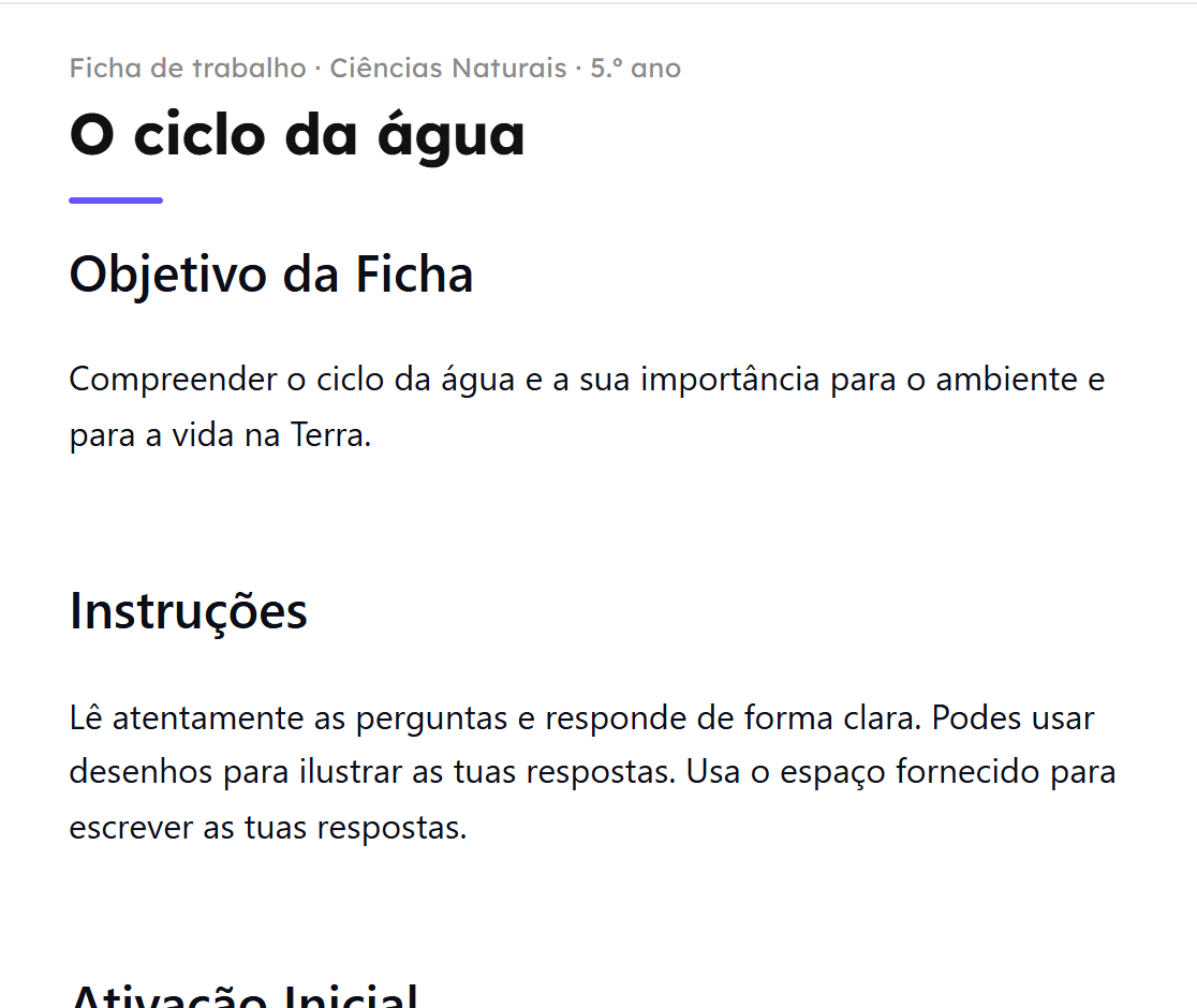 Ficha de trabalho de Ciências Naturais sobre o ciclo da água