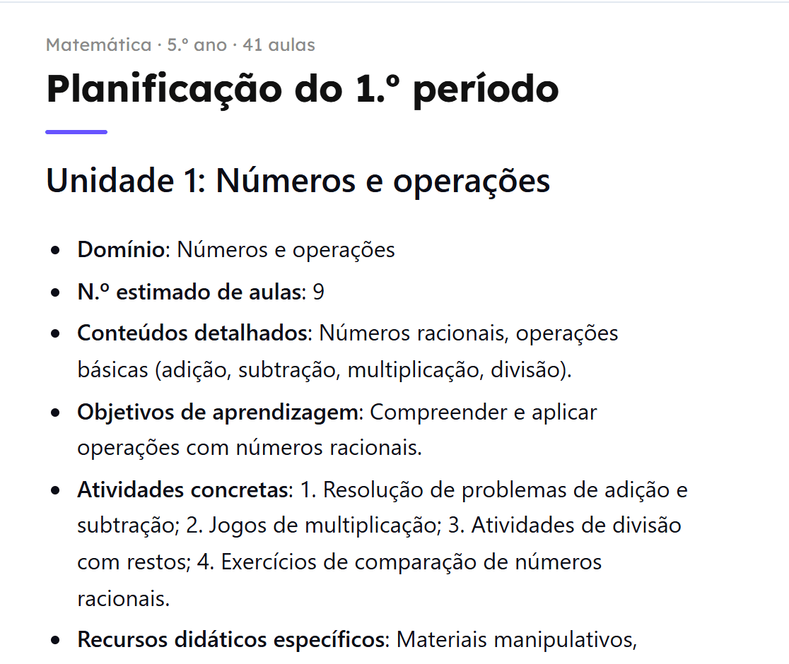 Planificação de Matemática do 1.º período, organizada por unidades