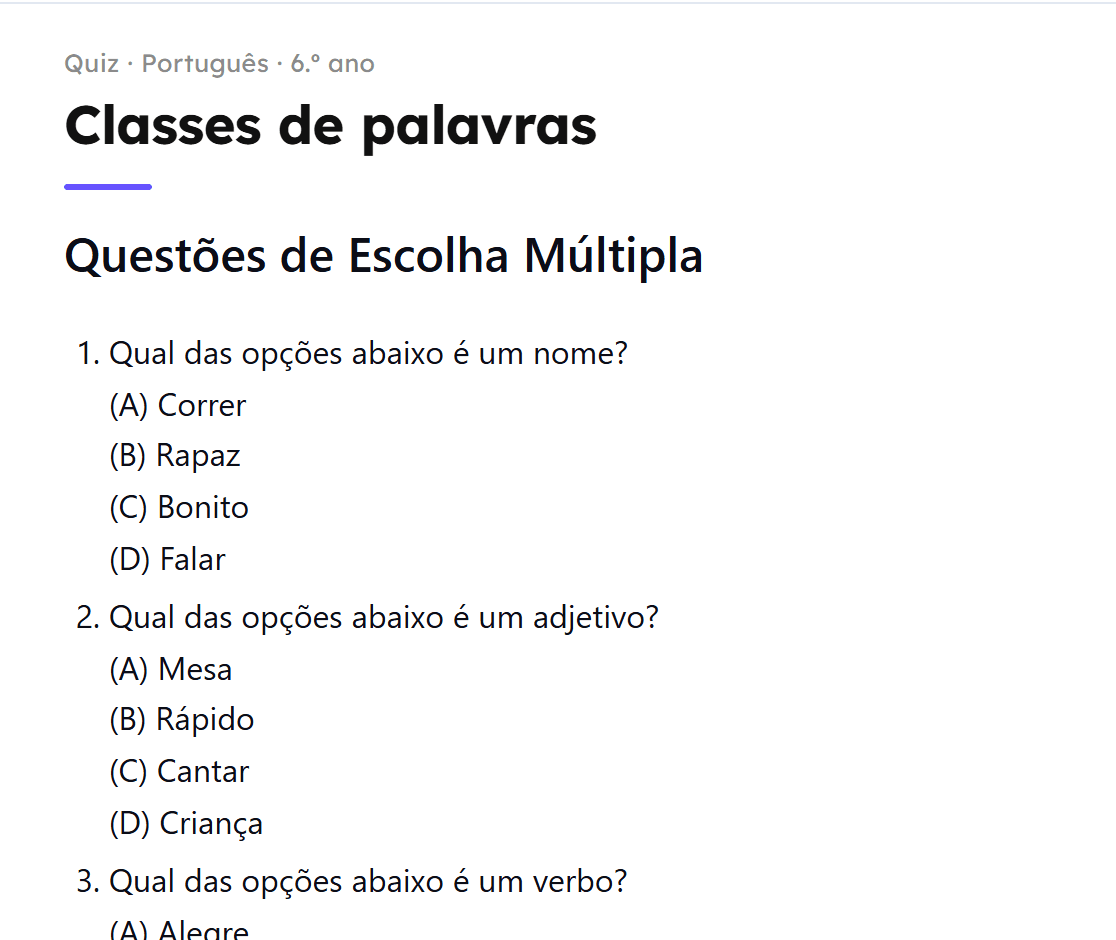 Quiz de Português sobre classes de palavras