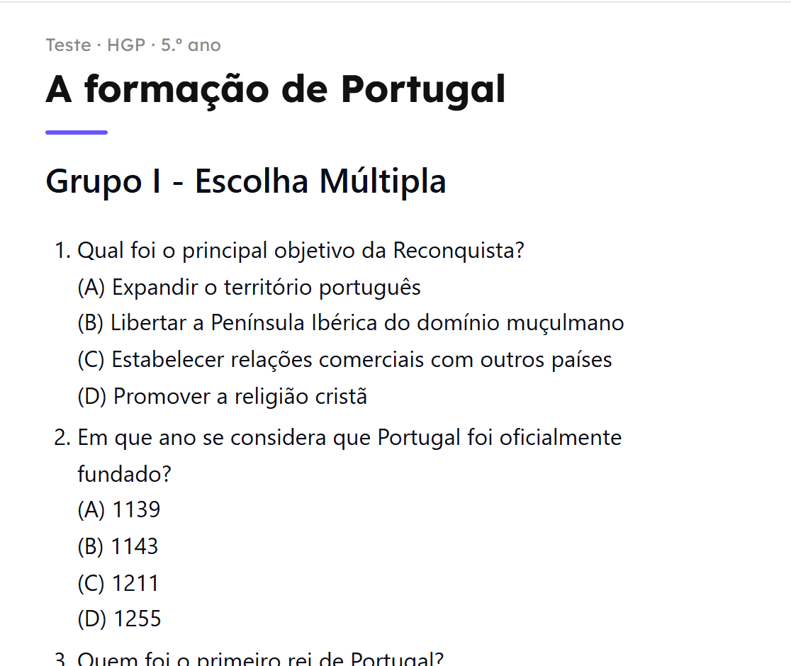 Teste de História e Geografia de Portugal com questões de escolha múltipla