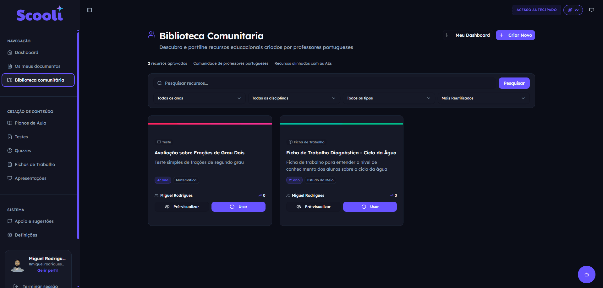 Biblioteca comunitária da Scooli com pesquisa, filtros e recursos prontos a reutilizar