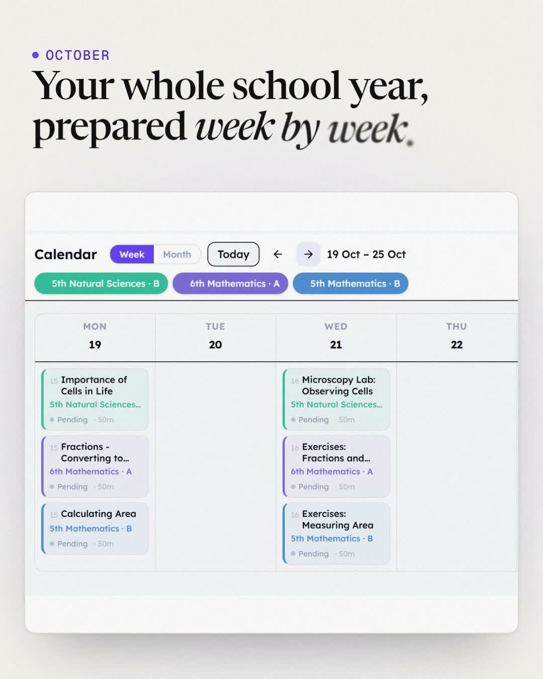 Demo: the month in Scooli's calendar, one class's week, "Generate week" and the lesson plans ready