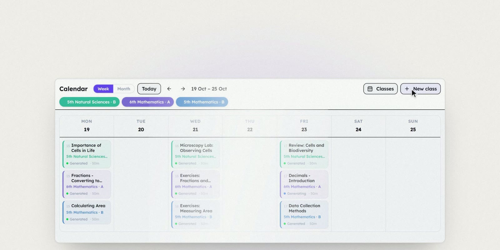 Demo: the month in Scooli's calendar, one class's week, "Generate week" and the lesson plans ready