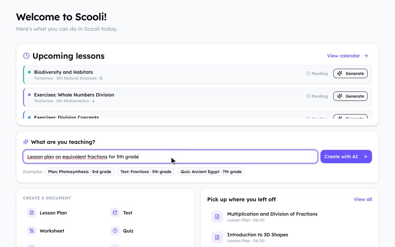 A teacher types the lesson topic on the Scooli dashboard